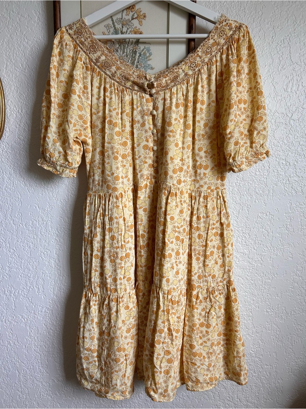 Lucky Brand Yellow Floral Lace-Trim Dress
